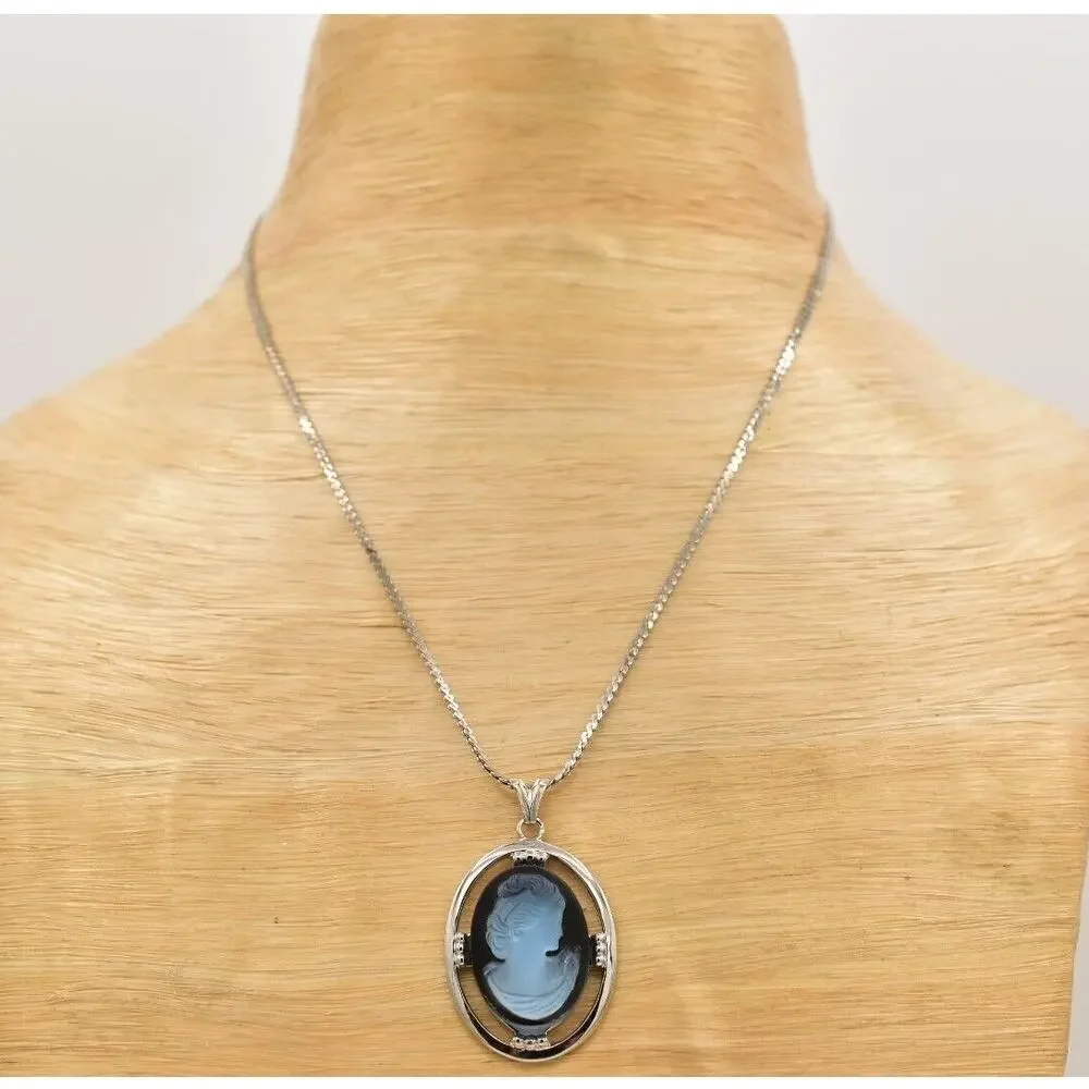 Vintage Cameo Pendant Necklace Blue Glass Frosted Silver Tone Shiny 1980s BinA17